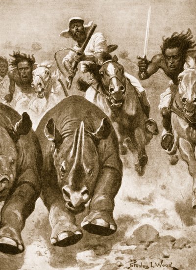 Sir Samuel Baker in full pursuit of rhinoceros in Africa by Stanley L. Wood